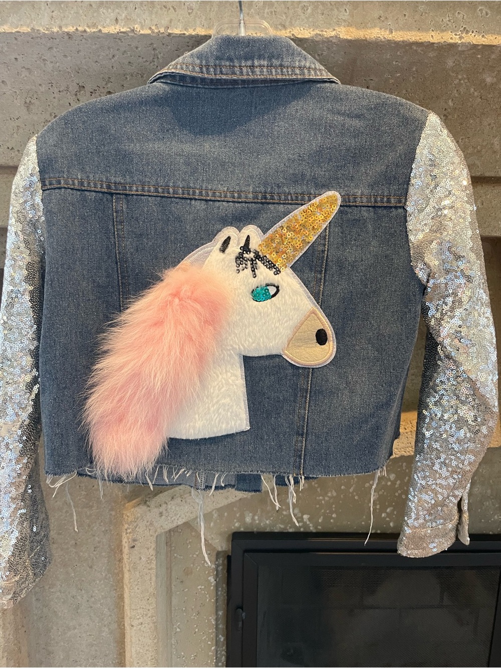 Kids Denim Jacket with Pink Unicorn Patch and Sequin Sleeves